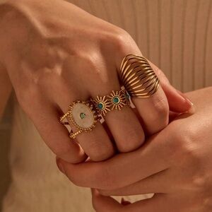 Gold Plated Stainless Steel 3pc Adjustable Turquoise Ring Set